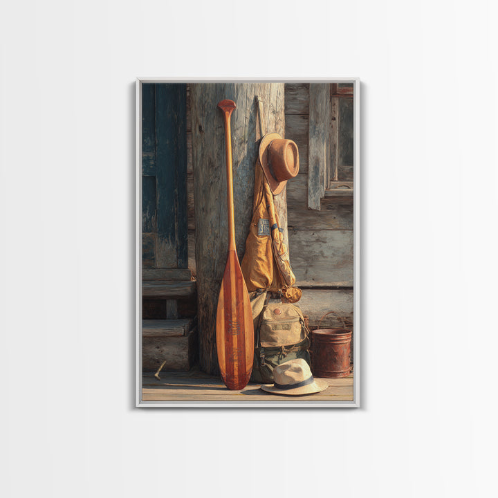 Rustic Outdoorsy Still Life With Wood Paddle, Hiking Gear, And Hats Vintage Style Canvas Print For Cabin