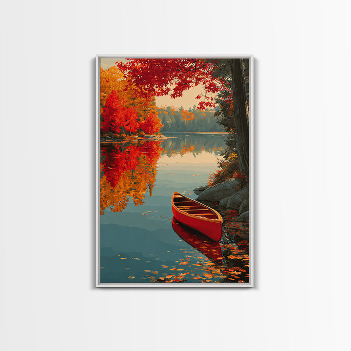 Red Autumn Maple Trees By Calm Lake With Canoe Scenic Painting Wall Art Framed Canvas Print For Home
