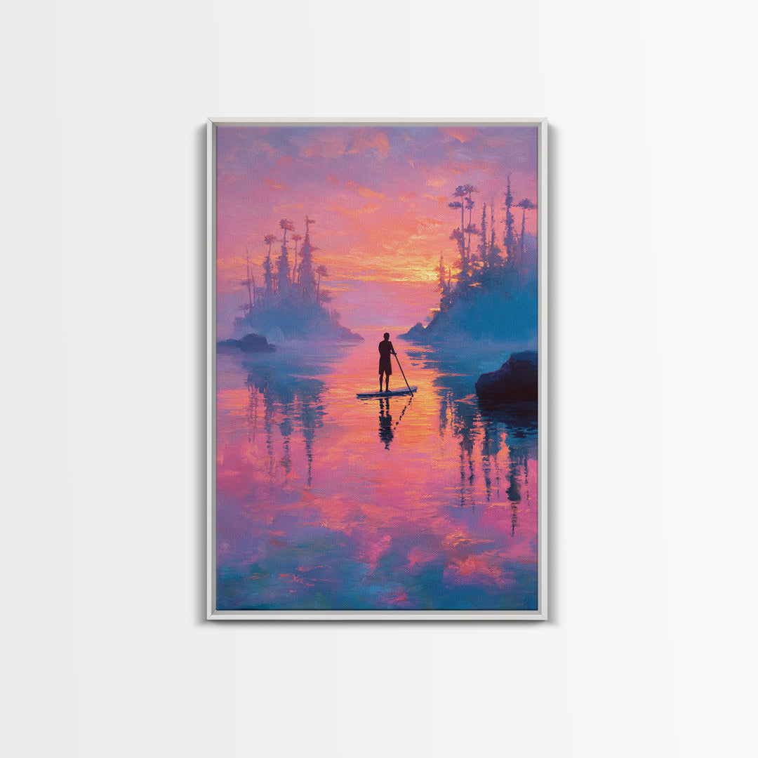 Sunset Paddleboarder On Calm Water Pink And Purple Sky Landscape Wall Art Canvas Print For Tranquil Bedroom And Living Room