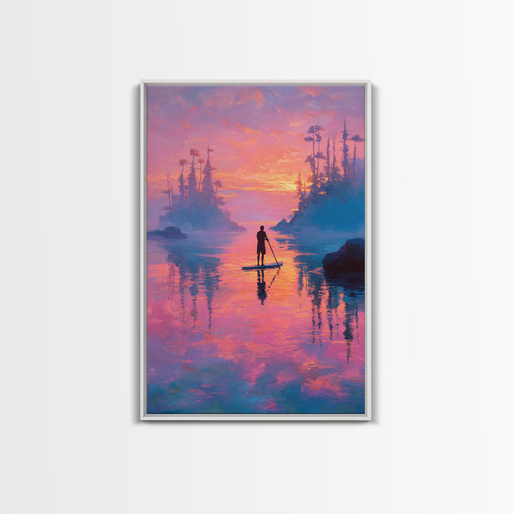 Sunset Paddleboarder On Calm Water Pink And Purple Sky Landscape Wall Art Canvas Print For Tranquil Bedroom And Living Room