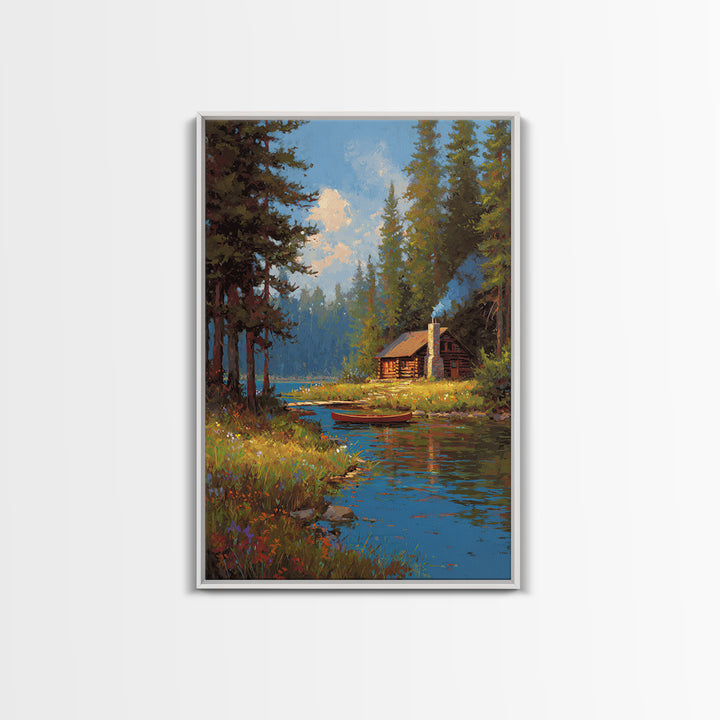 Cozy Cabin By Peaceful River Landscape Painting Canvas Print Natural Wall Art Decor Framed Canvas Print
