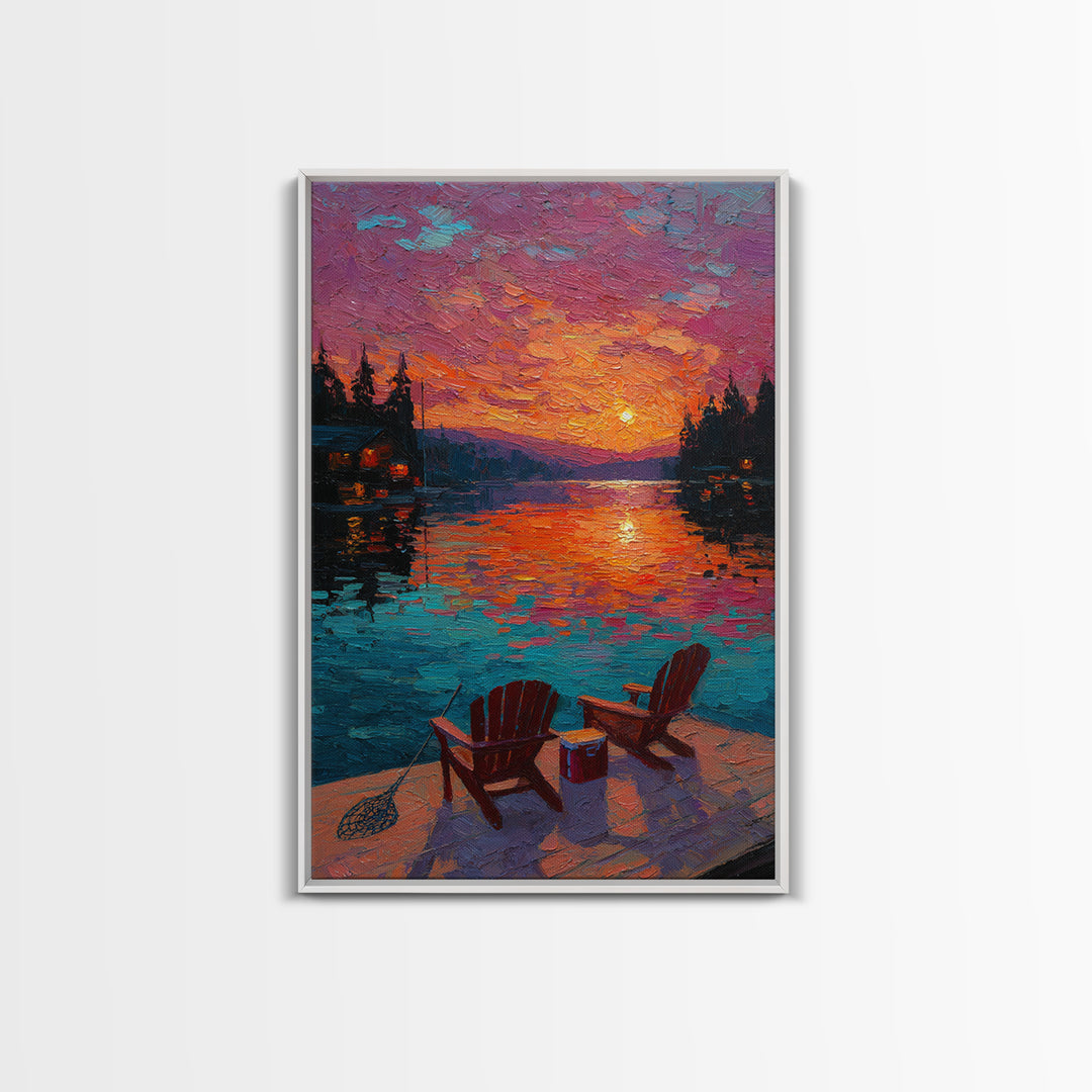 Vibrant Oil Painting Sunset Over Water With Adirondack Chairs And Cooler - Canvas Print For Cozy Wall Art And Relaxing Outdoor Home Decor