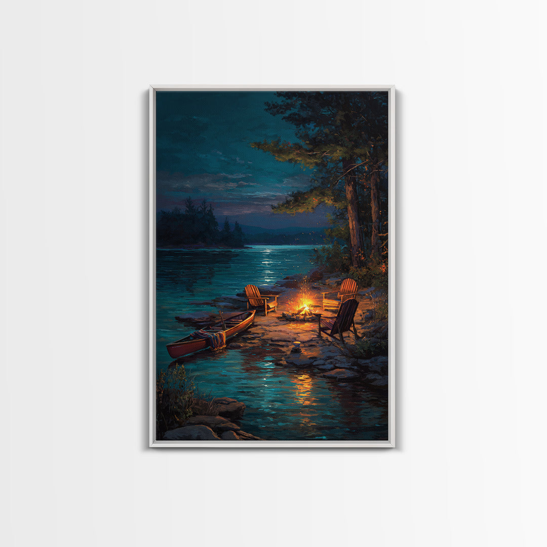 Peaceful Lakeside Campfire Scene Painting Wall Art Featuring Canoe And Adirondack Chairs Perfect For Cozy Living Room Decor