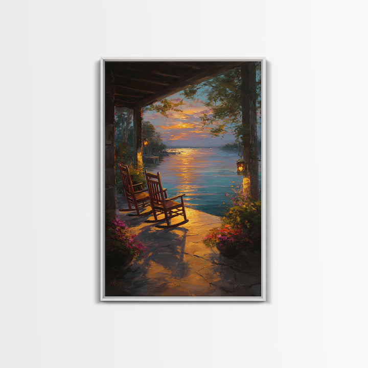 Peaceful Lakeside Porch Sunset With Rocking Chairs Oil Painting Wall Art Framed Canvas Print For Cozy Home Decor