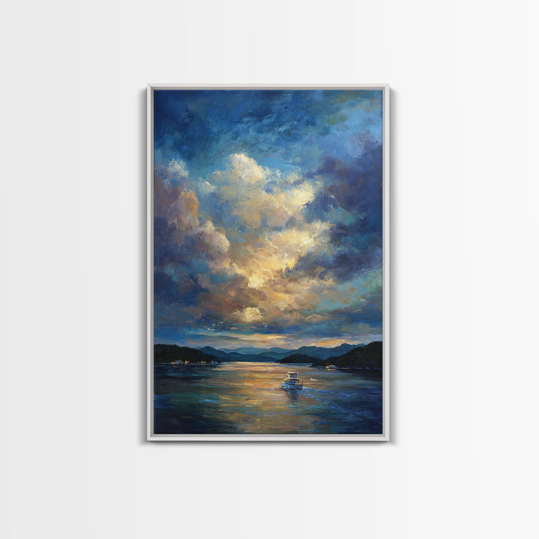 Sunlit Fishing Boat On Tranquil Lake Surrounded By Mountains Sunset Landscape Painting Wall Art Canvas Print