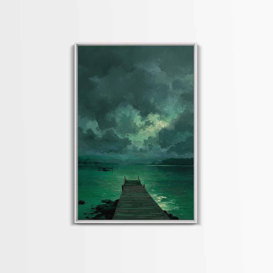 Moody Dock On Lake Under Stormy Sky Green Tones Abstract Wall Art Canvas Print Home Decor