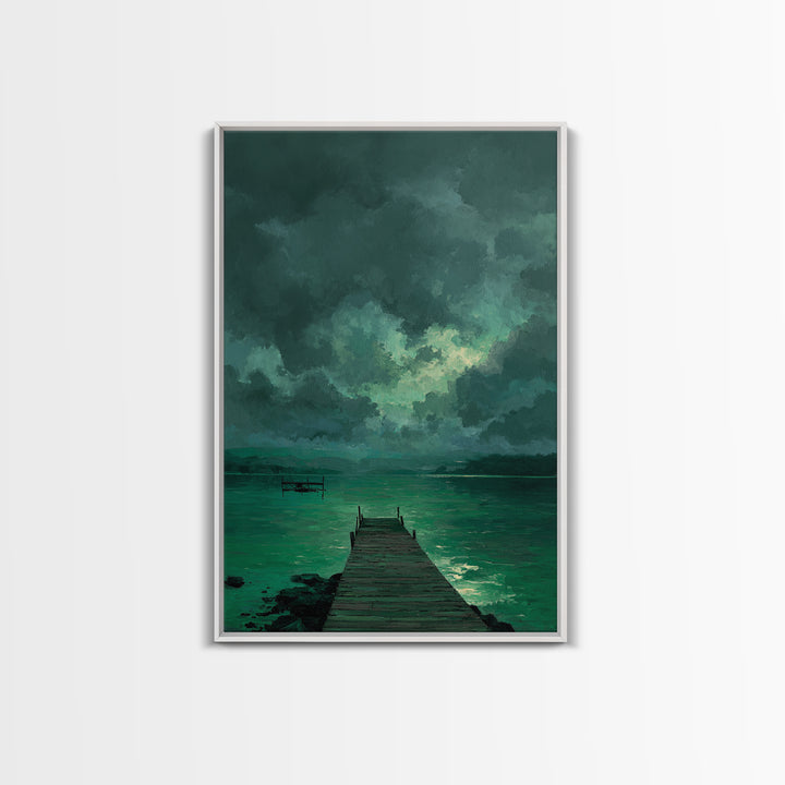 Moody Dock On Lake Under Stormy Sky Green Tones Abstract Wall Art Canvas Print Home Decor