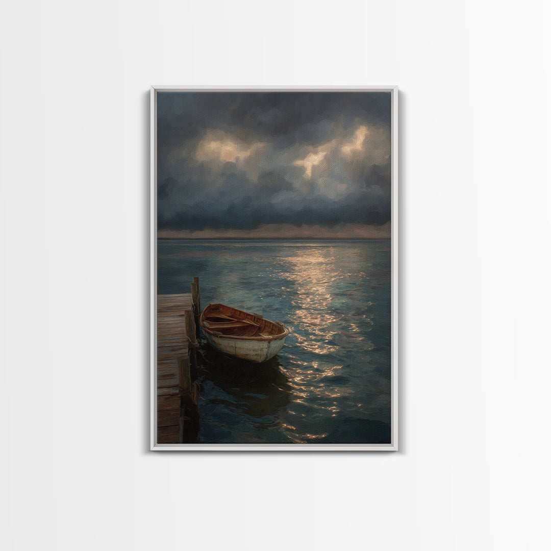 Serene Boat At Dock Under Dramatic Cloudy Sky Sunset Seascape Canvas Print For Coastal Living Room Decor Wall Art