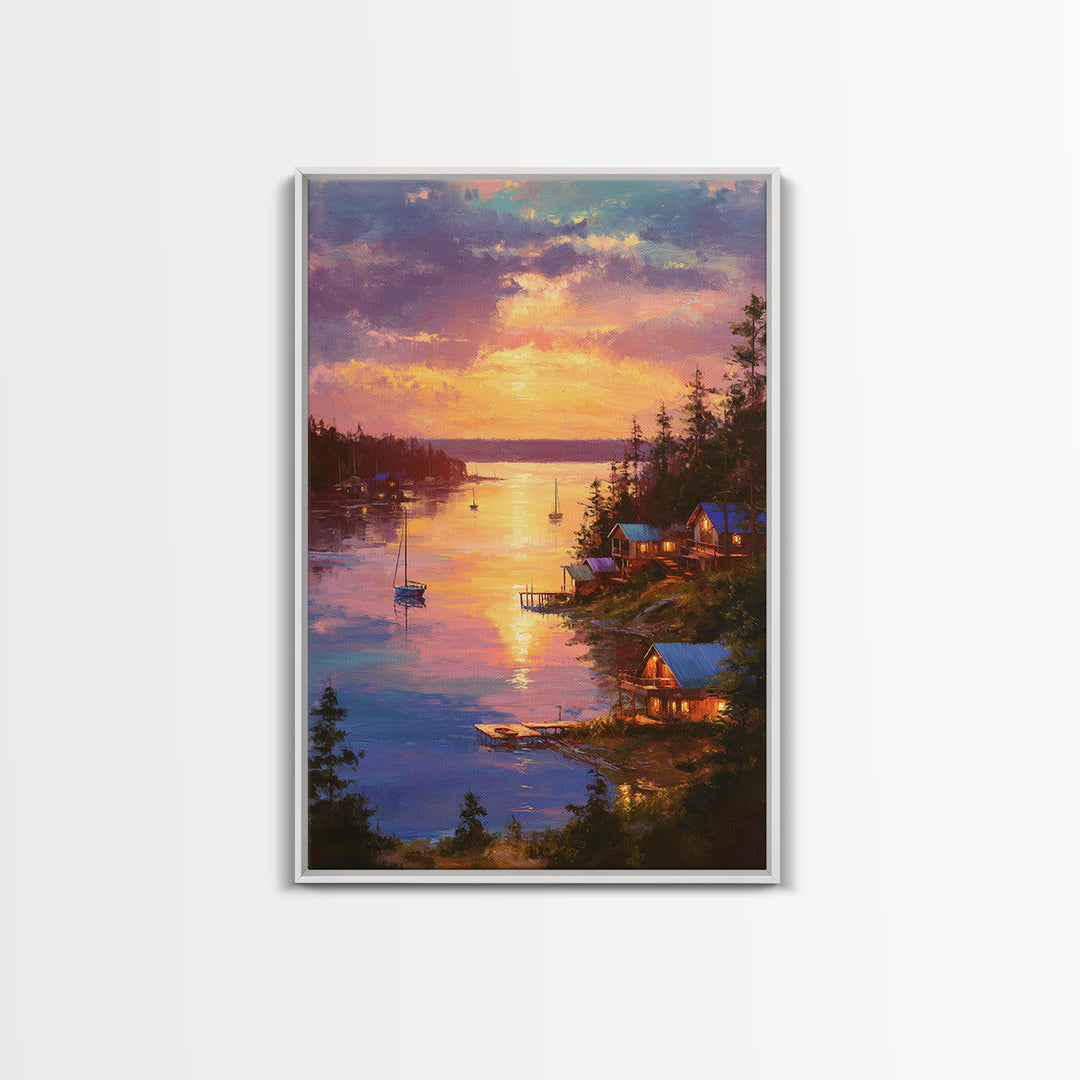 Sunset Lake House Fine Art Oil Painting Wall Art Framed Canvas Print Cozy Landscape Home Decor For Living Room