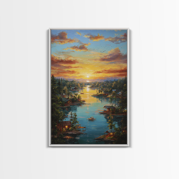Peaceful Lakeside Village At Sunset Landscape Painting Framed Canvas Print Tranquil Wall Art For Rustic And Cozy Home Decor