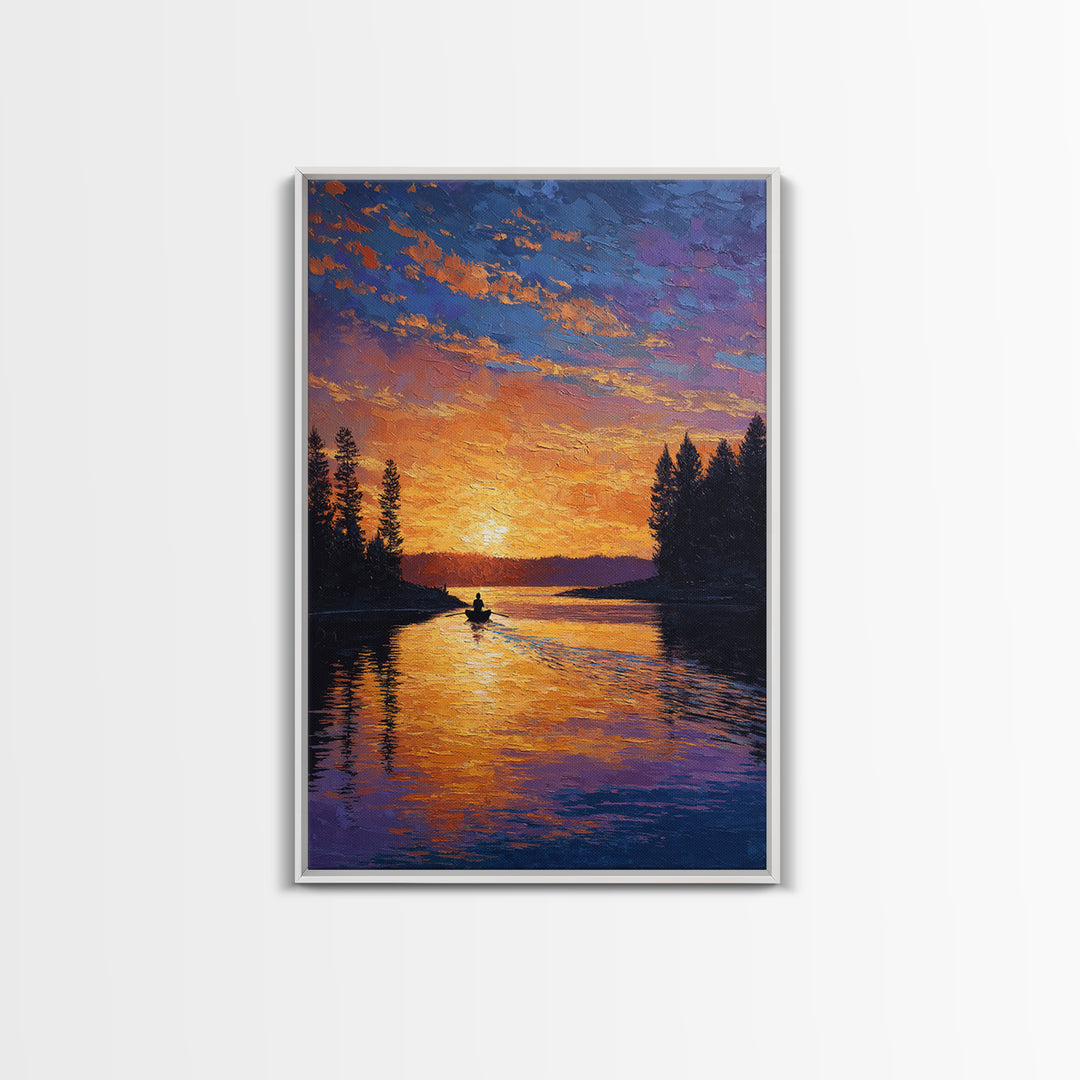 Vibrant Sunset Over Peaceful Lake With Lone Boatman Silhouette Wall Art Framed Canvas Print For Living Room Decor