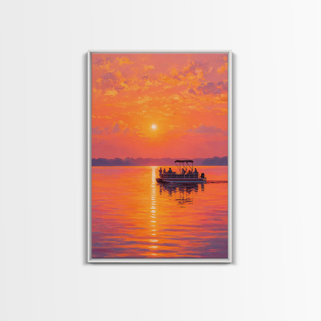 Sunset Boat On Calm Water Painting With Vibrant Orange Hues Capturing Peaceful Twilight Scene Large Wall Art Canvas Print For Living Room Decor And Gift