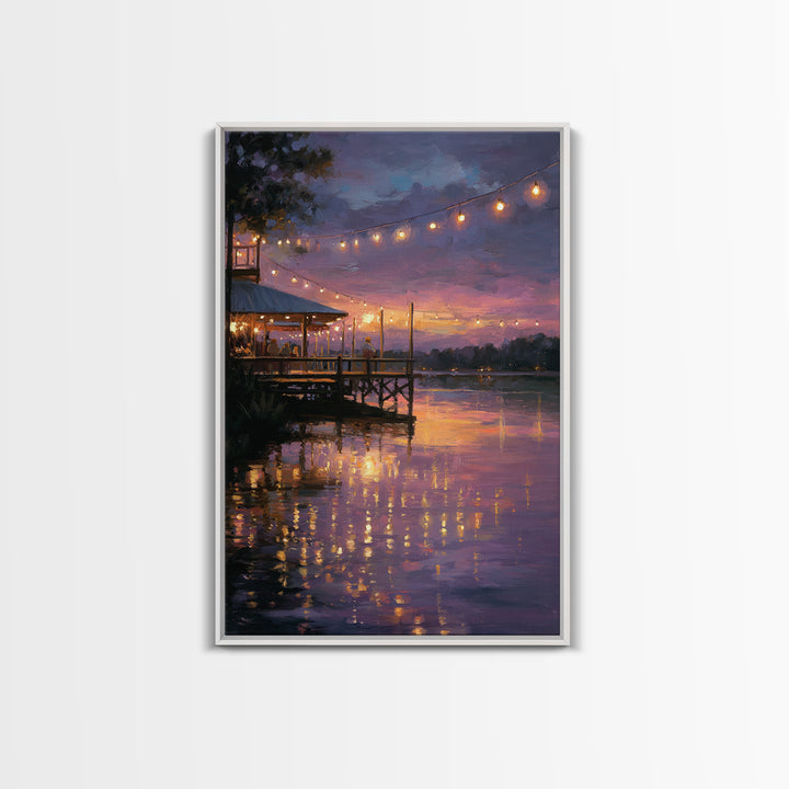 Sunset Pier Scene With Soft Glow And String Lights Romantic Evening Canvas Print Wall Art For Dining Room Living Room And Home Decor
