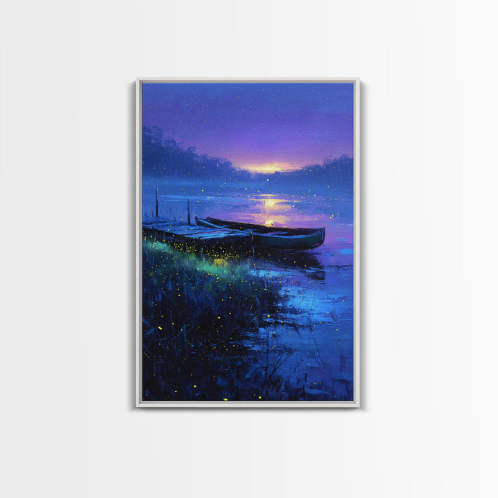 Serene Twilight Lake With Boats Painting Canvas Print Wall Art For Relaxing Home Decor Or Office Space Accent