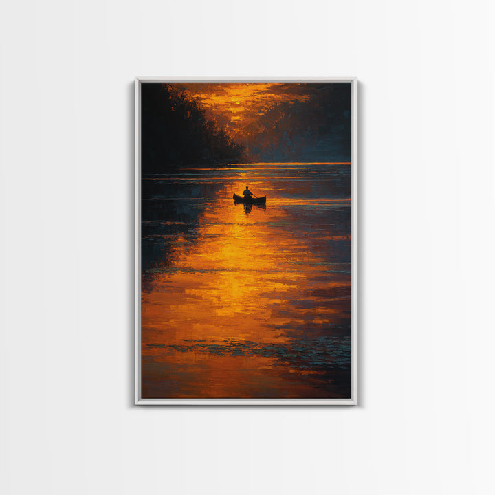 Serene Sunset Landscape With Boat On Calm Lake Oil Painting Canvas Print For Cozy Living Room Decor And Nature Wall Art