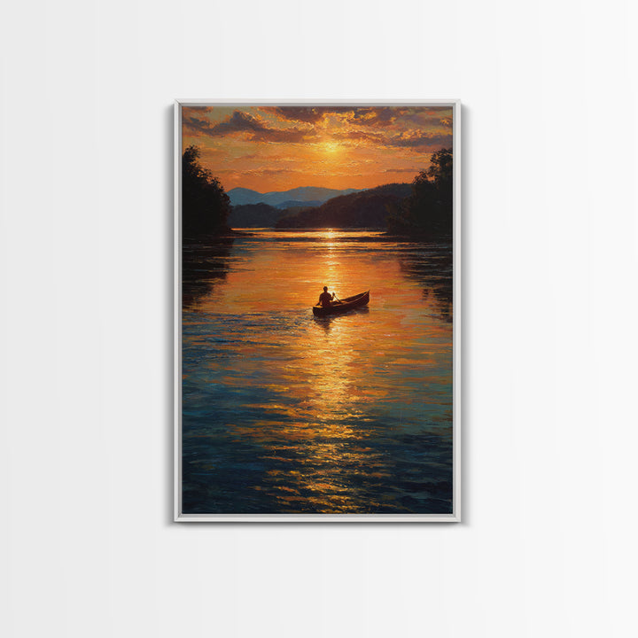 Tranquil Sunset Canoe Scene Oil Painting Wall Art Framed Canvas Print For Living Room Home Decor