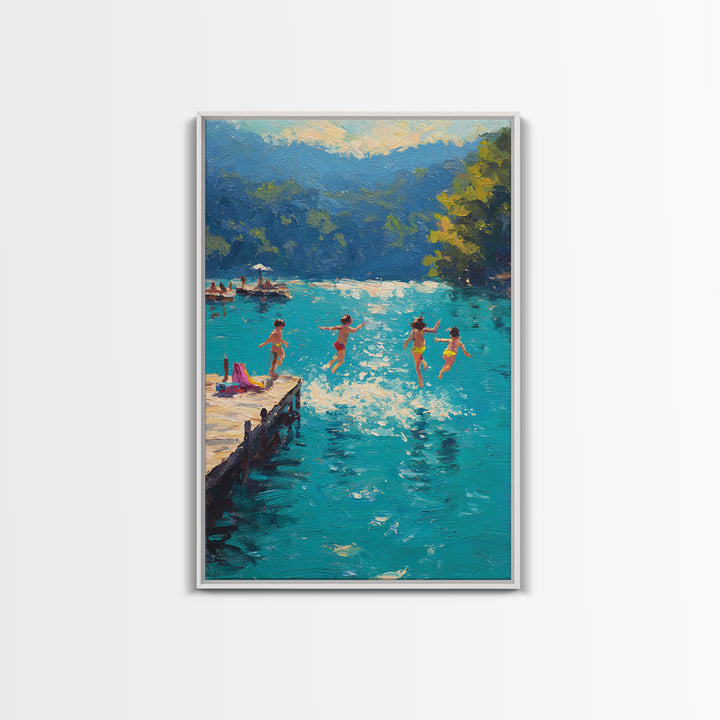 Children Jumping Into A Lake Summer Scene Painting Fine Art Canvas Print Relaxing Wall Art Decor