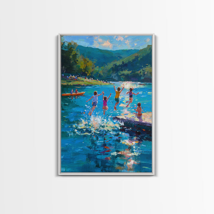 Children Playing At Summer Lake Scene Joyful Landscape Painting Large Wall Art Canvas Print
