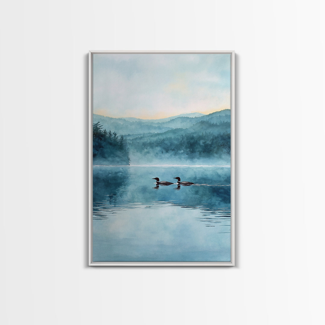 Serene Lake With Two Loons At Dawn Landscape Wall Art Misty Forest Canvas Print For Nature Lovers Home Decor