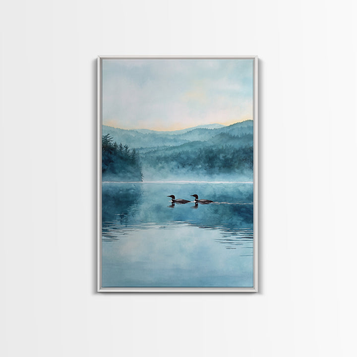 Serene Lake With Two Loons At Dawn Landscape Wall Art Misty Forest Canvas Print For Nature Lovers Home Decor