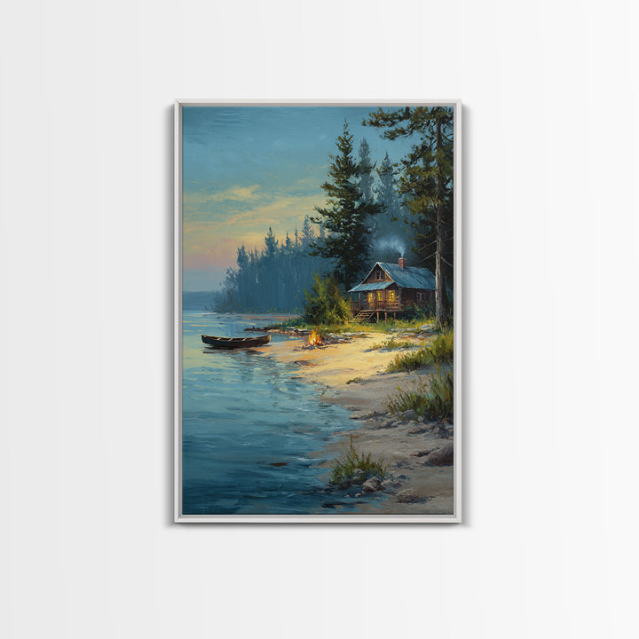 Peaceful Lakeside Cabin Painting At Dusk With Campfire And Canoe Scenic Landscape Art Print For Rustic Home Decor Bedroom Wall Art Framed Canvas Print