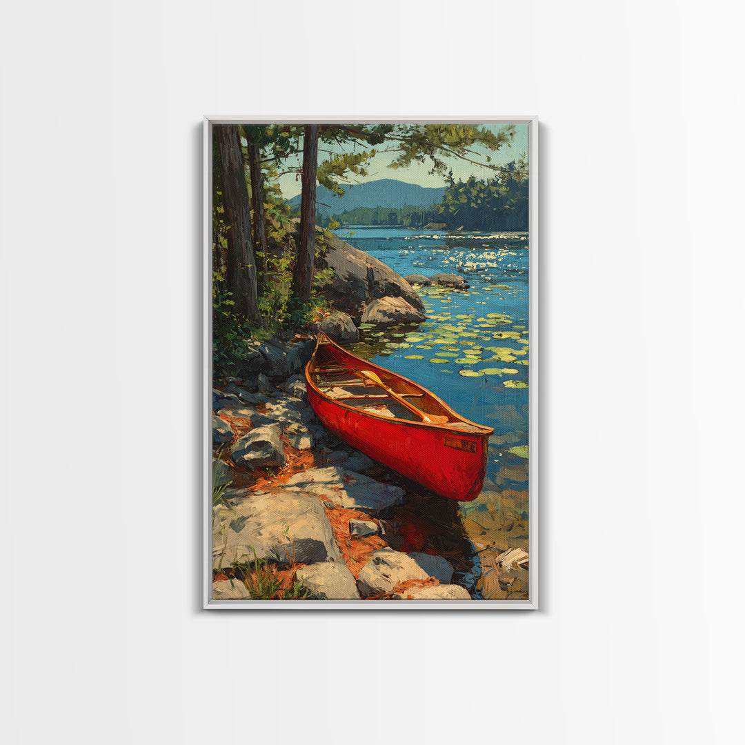 Vibrant Red Canoe On Lush Lakeside Nature Landscape Oil Painting Canvas Print For Cabin Decor And Rustic Wall Art