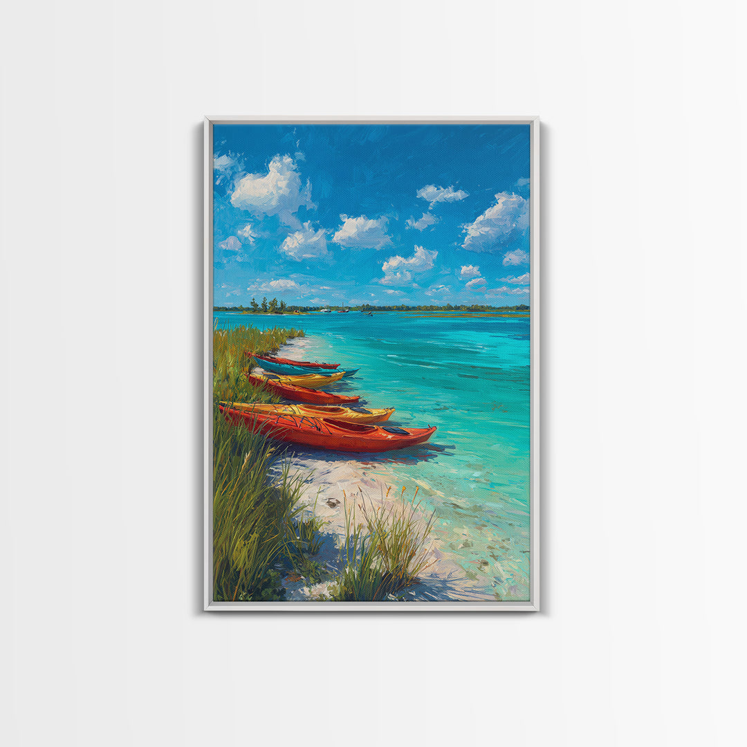 Bright Kayaks By Turquoise Water Under Blue Sky Canvas Print Large Coastal Wall Art For Living Room Decor