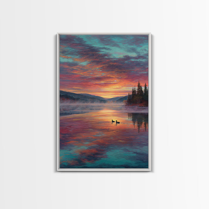 Serene Misty Mountain Sunset Landscape With Ducks On Lake Fine Art Canvas Print For Living Room Wall Decor