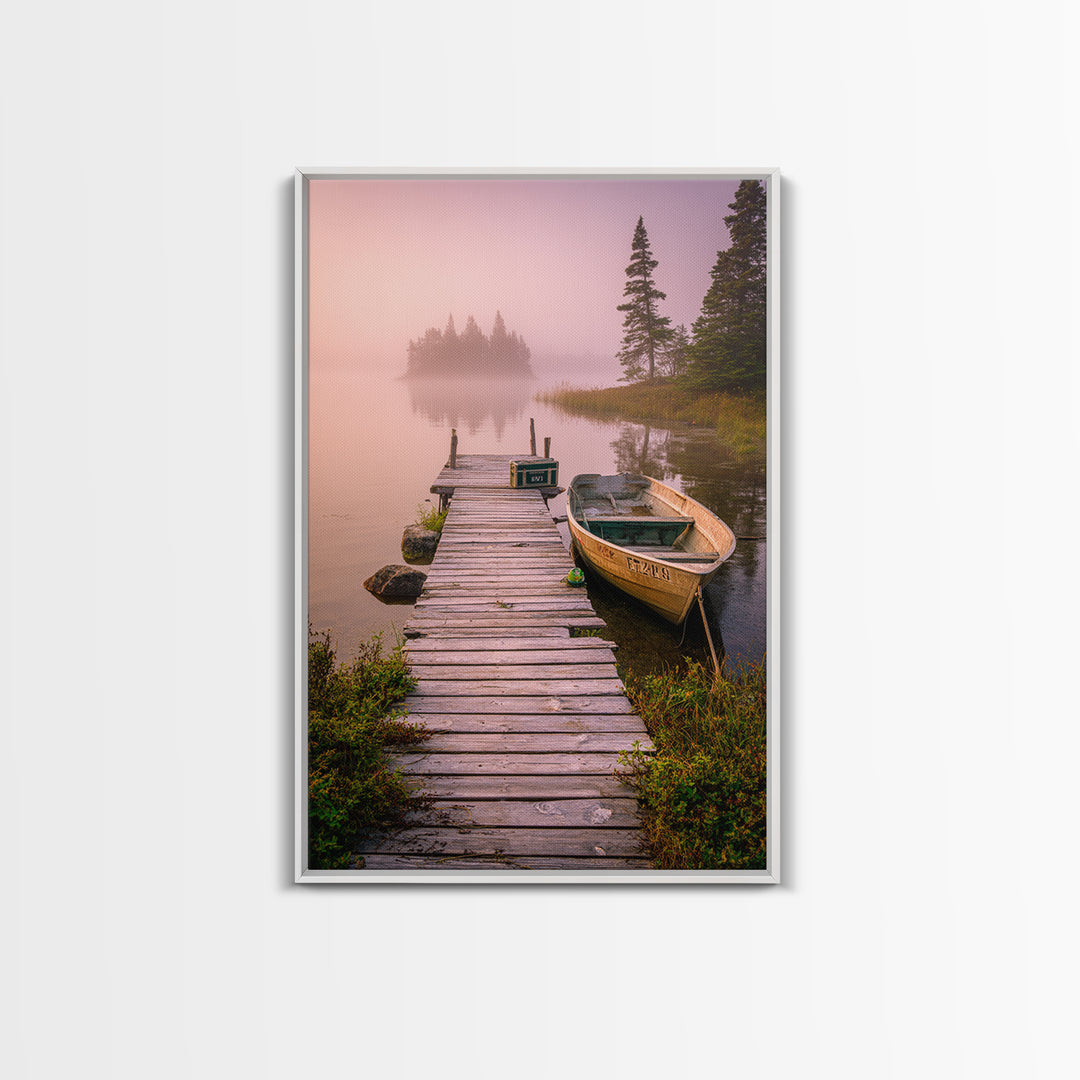 Peaceful Foggy Lake Morning With Wooden Dock Wall Art Canvas Print For Rustic Cabin And Home Decor