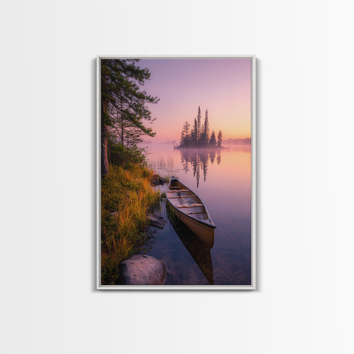 Tranquil Misty Lake With Canoe At Sunrise Scenic Landscape Painting For Calming Bedroom Wall Decor And Peaceful Home Decor Framed Canvas Print Wall Art