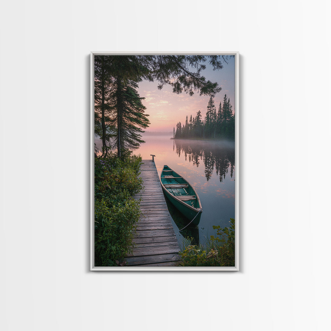 Serene Lake Dock With Canoe Landscape Wall Art Nature Photography Calm Framed Canvas Print