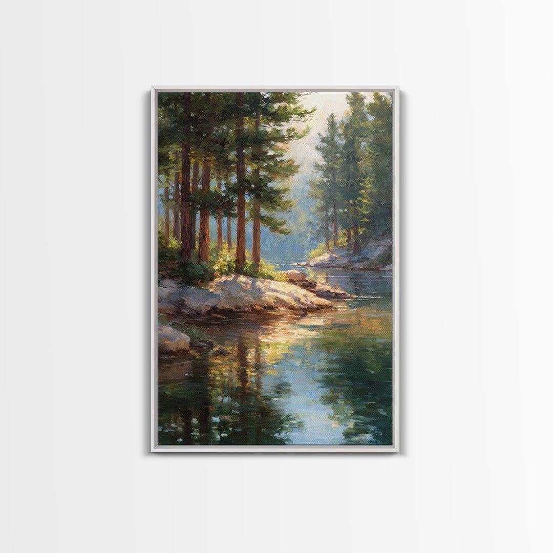 Serene Pine Forest Landscape With River Reflection In Oil Painting Medium Perfect Wall Art Canvas Print