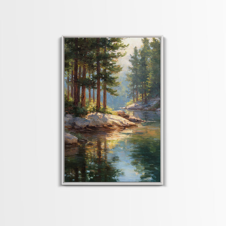 Serene Pine Forest Landscape With River Reflection In Oil Painting Medium Perfect Wall Art Canvas Print