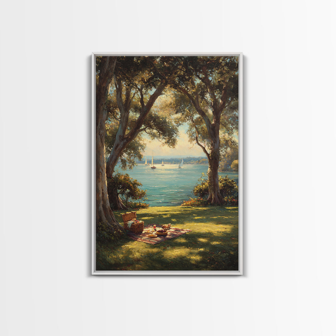 Peaceful Lakeside Picnic Painted Landscape Oil Painting Art Print Framed Canvas Print For Rustic Home Decor And Cabin Wall Art