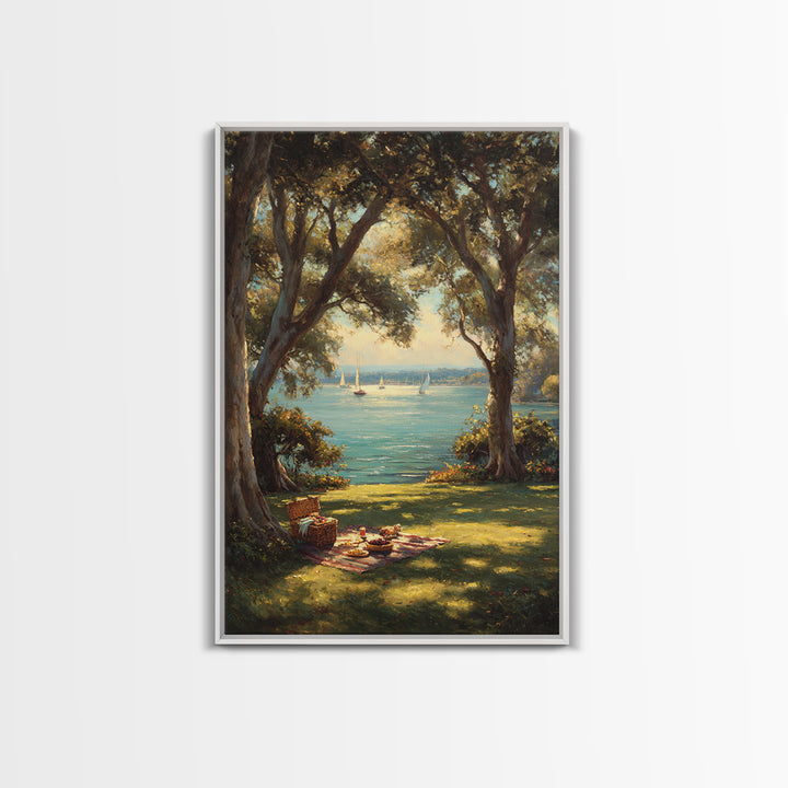 Peaceful Lakeside Picnic Painted Landscape Oil Painting Art Print Framed Canvas Print For Rustic Home Decor And Cabin Wall Art