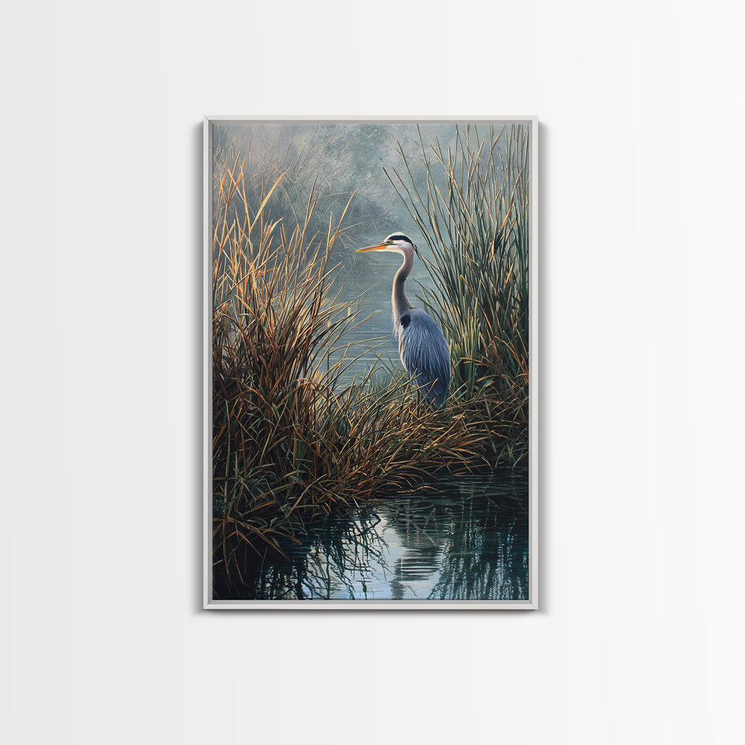 Realistic Blue Heron In Marshland Nature Scene Wall Art Fine Art Print Coastal Wall Decor Framed Canvas Print