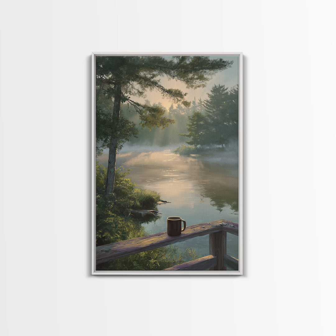 Peaceful Morning River Scene With Coffee Cup Landscape Wall Art Serene Nature Canvas Print For Cozy Home And Bedroom Decor