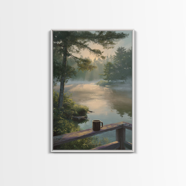 Peaceful Morning River Scene With Coffee Cup Landscape Wall Art Serene Nature Canvas Print For Cozy Home And Bedroom Decor