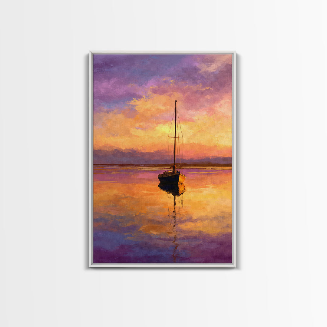 Colorful Sailboat At Sunset Over Calm Water Ocean Scene Painting | Tranquil Wall Art Modern Home Decor Framed Canvas Print