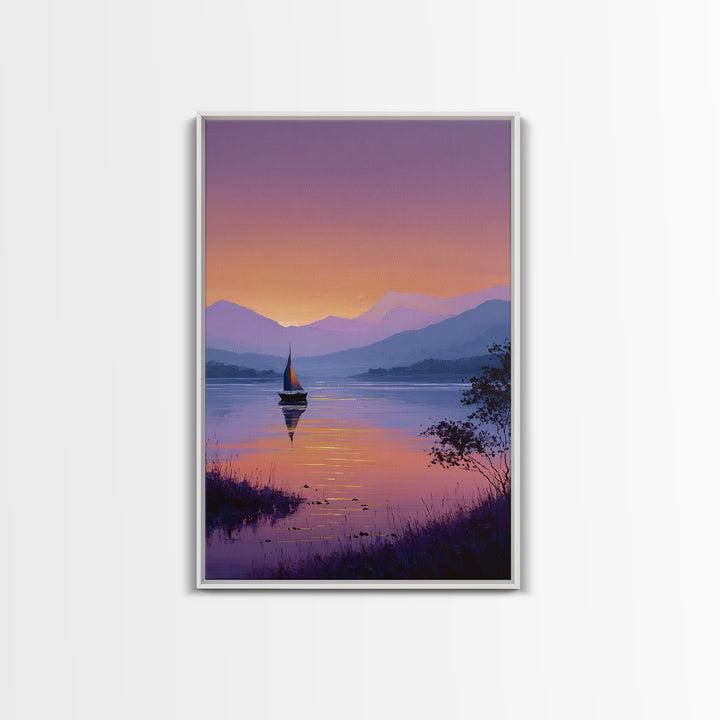 Tranquil Sailboat On Lake At Sunset With Purple Mountains Oil Painting Canvas Print Wall Art For Bedroom Decor And Nautical Lovers