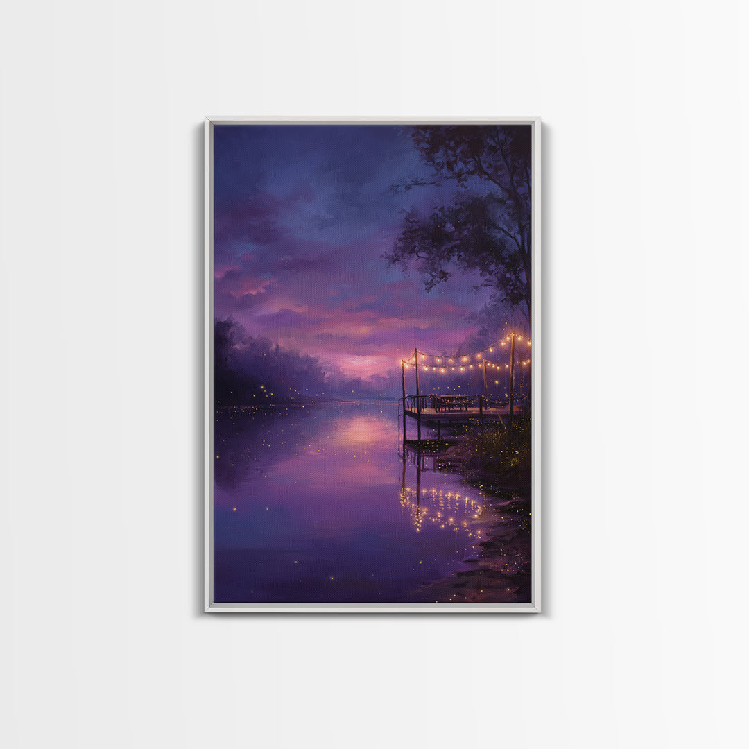 Enchanting Twilight River Scene With Glowing Fireflies And String Lights Romantic Canvas Print For Home Decor