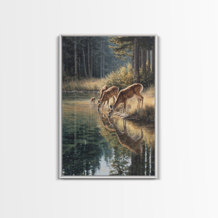 Peaceful Deer Family Drinking At Riverbank Nature Scene Oil Painting Canvas Print Wall Art For Rustic And Wildlife Decor