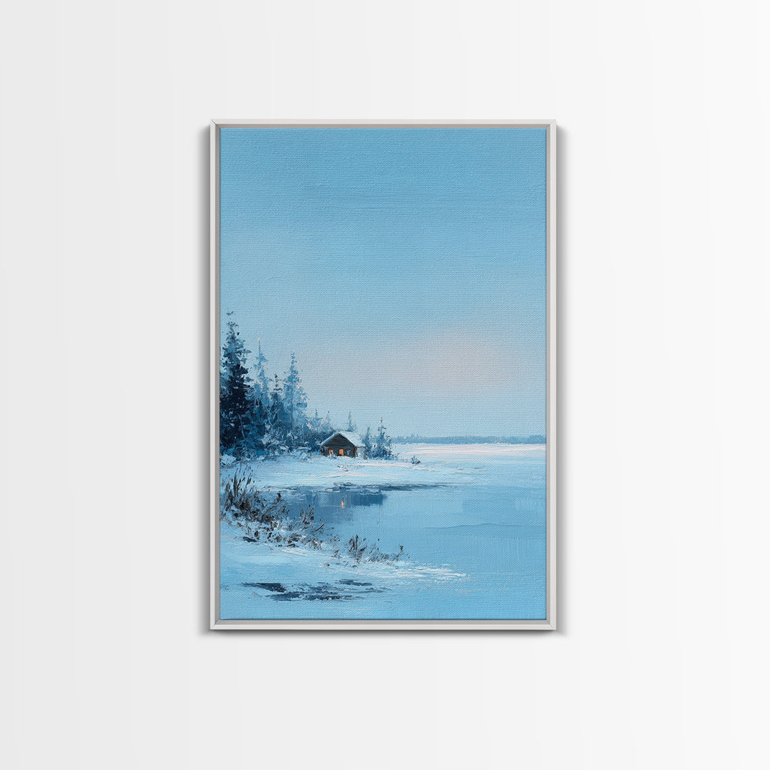 Winter Landscape With Snowy Trees And Cabin Cozy Calm Scene Canvas Print Wall Art For Bedroom Living Room And Rustic Home Decor