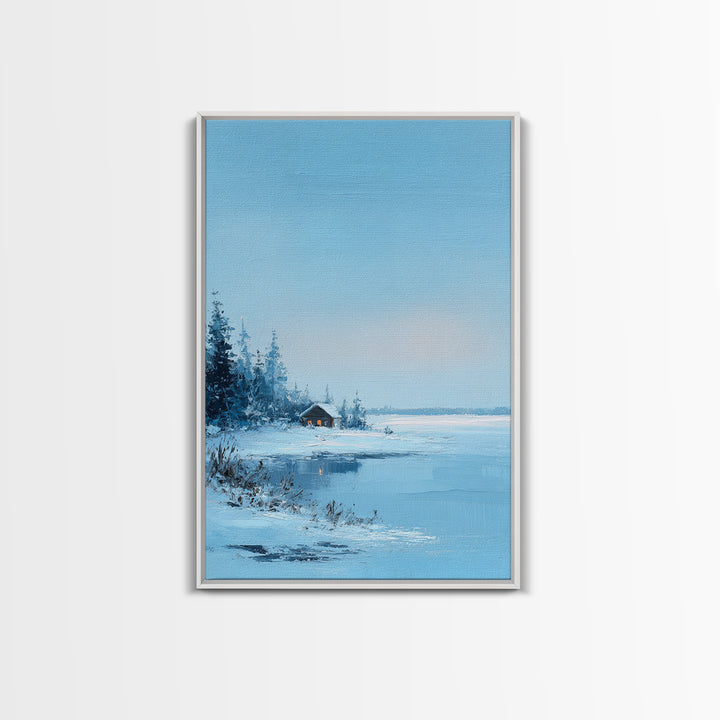 Winter Landscape With Snowy Trees And Cabin Cozy Calm Scene Canvas Print Wall Art For Bedroom Living Room And Rustic Home Decor