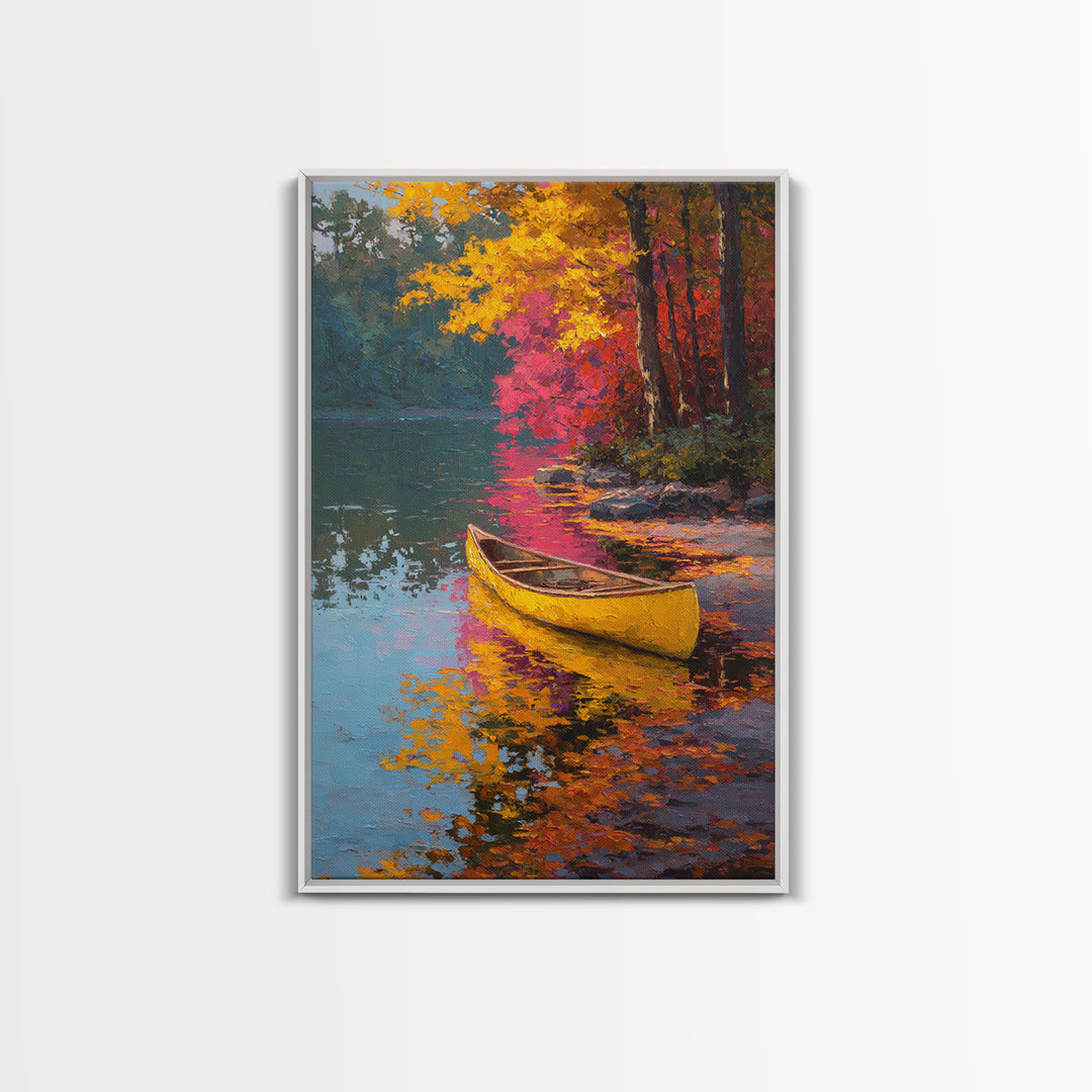 Serene Yellow Canoe On Reflective Autumn Lake Landscape Painting Framed Canvas Print for Peaceful Wall Art And Living Room Decor