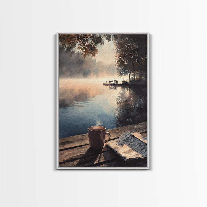 Cozy Lakeside Morning With Steam Rising Over Coffee Mug Watercolor Painting Wall Art Print For Bedroom Or Reading Nook