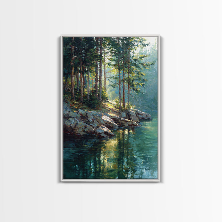 Sunlit Pine Forest Lake Painting Wall Art, Nature Landscape Art Print, Cabin Decor, Rustic Living Room Wall Decor Gift For Her