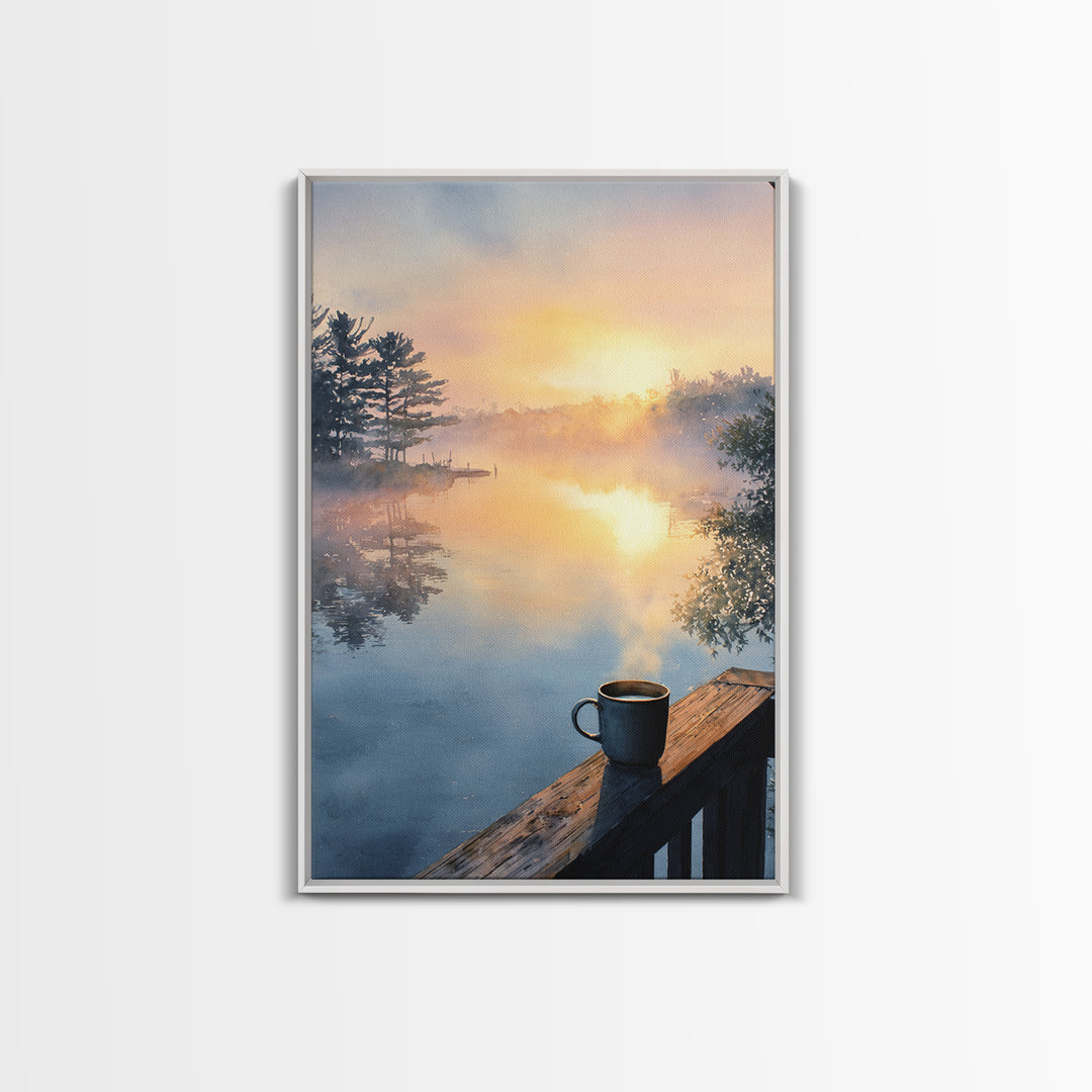 Calm Sunlit Lake At Dawn Watercolor Painting Canvas Print, Peaceful Landscape Wall Art, Soothing Home Decor Art