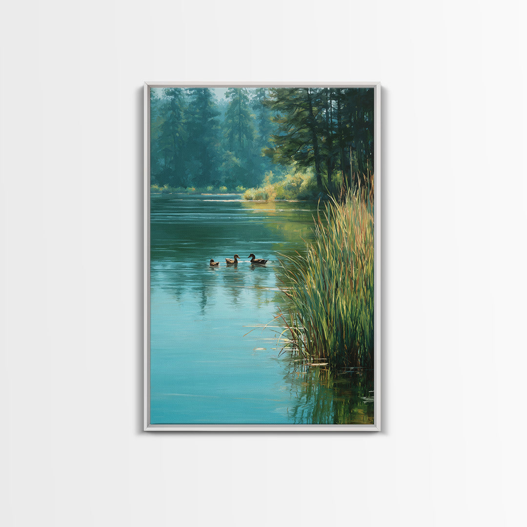 Tranquil Ducks On A Calm Lake Nature Scene Oil Painting Canvas Print For Rustic Living Room Wall Art And Cabin Home Decor