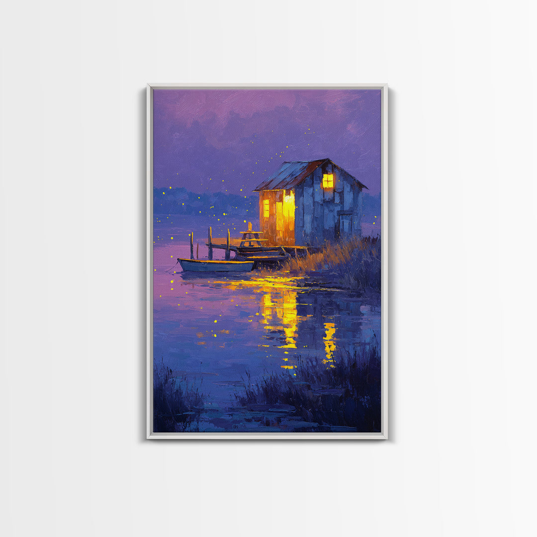 Rustic Night Lakeside Cabin With Boat Oil Painting Wall Art For Cozy Living Room Decor And Tranquil Bedroom Framed Canvas Print